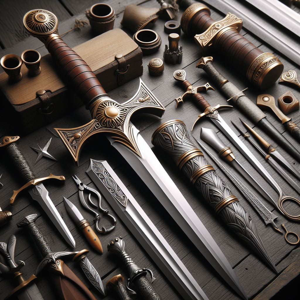 Craftsmen forging replica swords in a workshop, showcasing the intricate process of creating detailed and authentic reproductions of iconic blades from various cultures and genres.